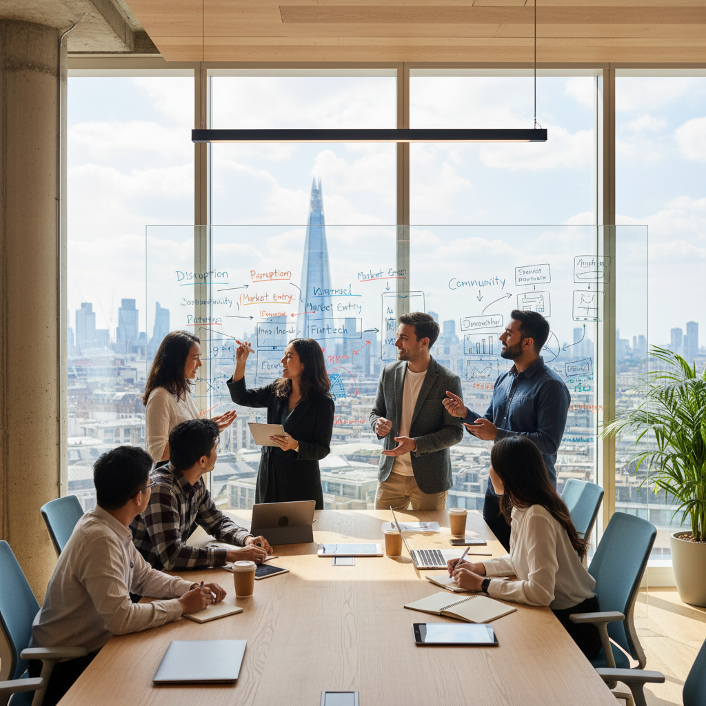 A diverse group of entrepreneurs from various backgrounds collaborating in a modern, light-filled co-working space in London, brainstorming ideas on a whiteboard with city skyline visible through large windows. The scene is vibrant and dynamic, showcasing innovation and diversity.
