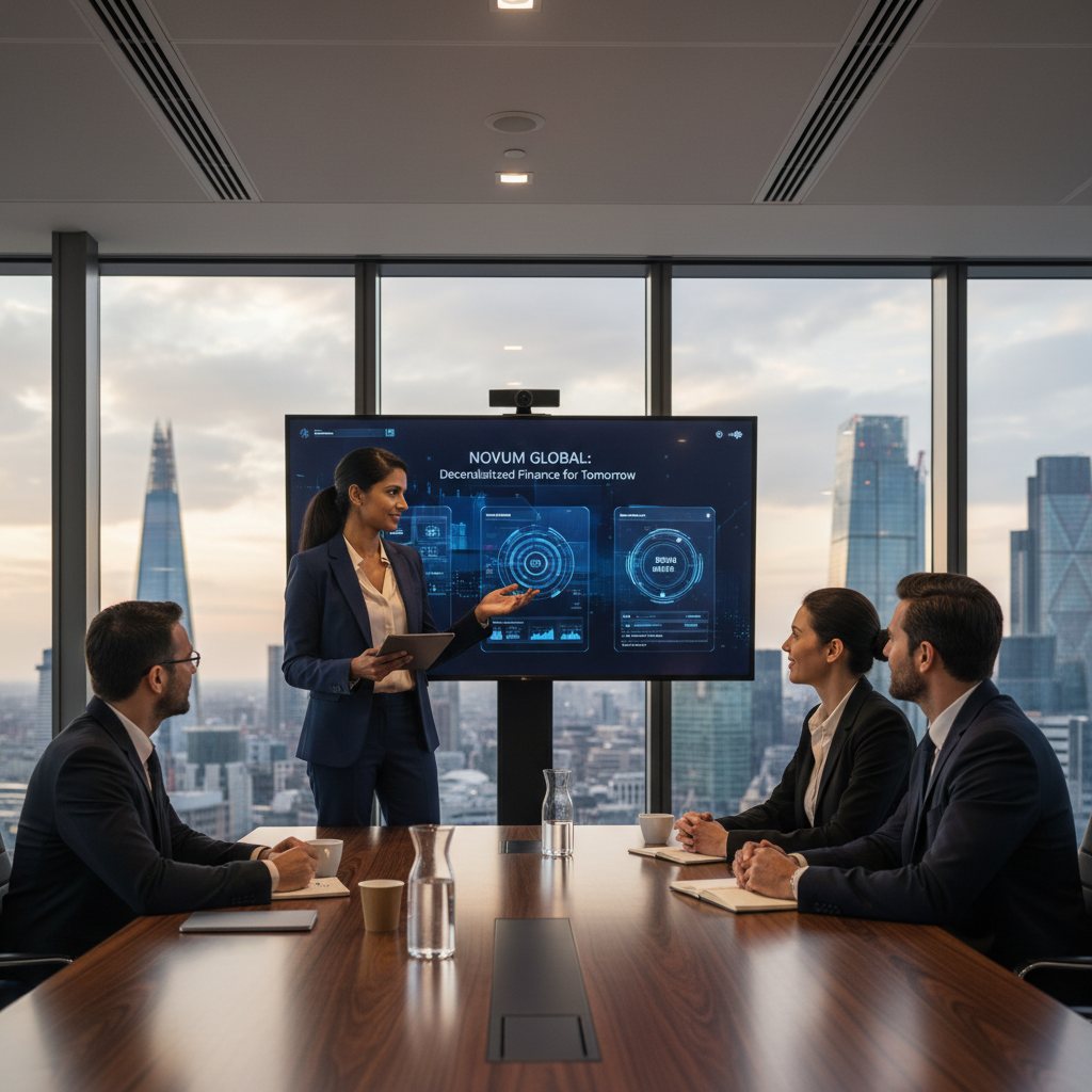 A successful expat entrepreneur, a woman of South Asian descent, confidently presenting her innovative tech startup idea to a panel of investors in a sleek, modern conference room in London. The atmosphere is professional yet relaxed, reflecting ambition and achievement.