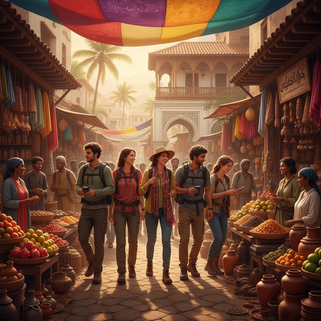 A vibrant, photorealistic image of a diverse group of young travelers enthusiastically exploring a bustling street market in an exotic New Country. Sunlight filters through colorful awnings, highlighting fresh produce, intricate handicrafts, and happy faces. The architecture in the background is traditional and unique.