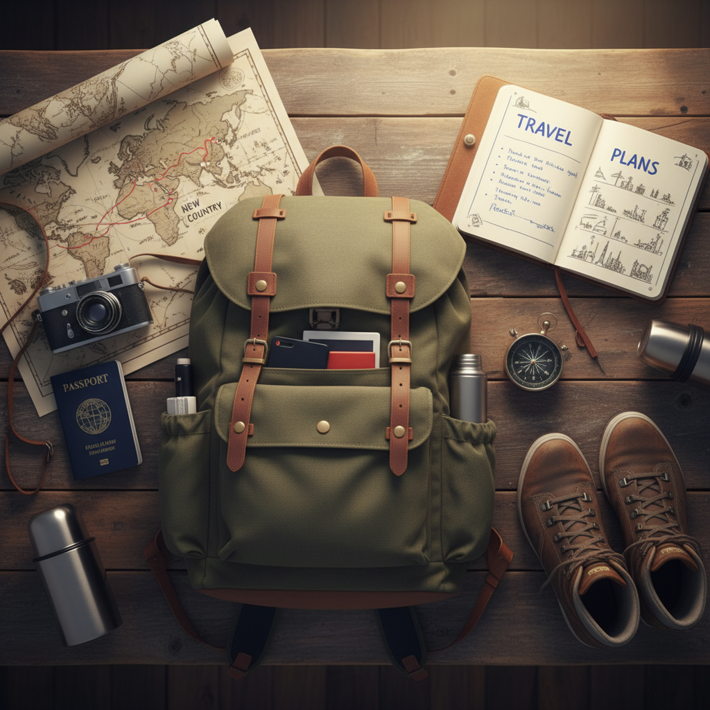 A realistic, top-down shot of a well-organized travel backpack, passport, a world map, a vintage camera, and a notebook with travel plans laid out neatly on a rustic wooden table. There's a soft, warm light suggesting preparation for a grand adventure to a New Country.