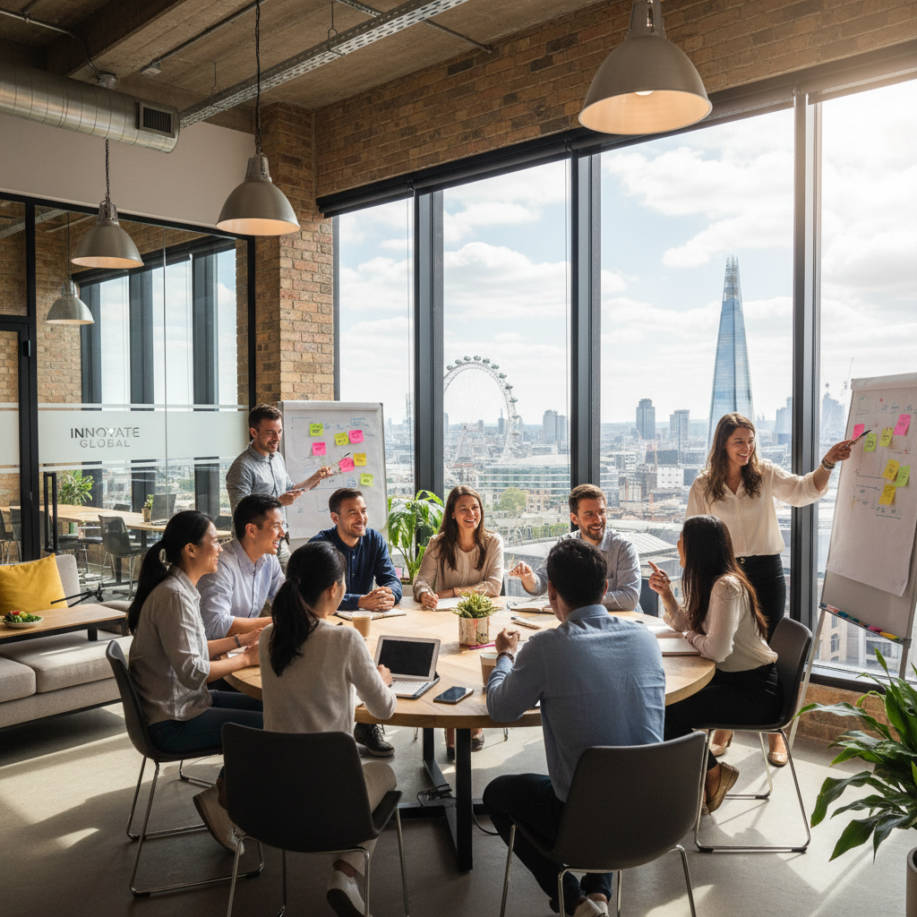 A diverse group of smiling entrepreneurs from various ethnic backgrounds brainstorming in a modern, light-filled co-working space in a UK city, with a prominent city skyline visible through a large window, conveying innovation and collaboration