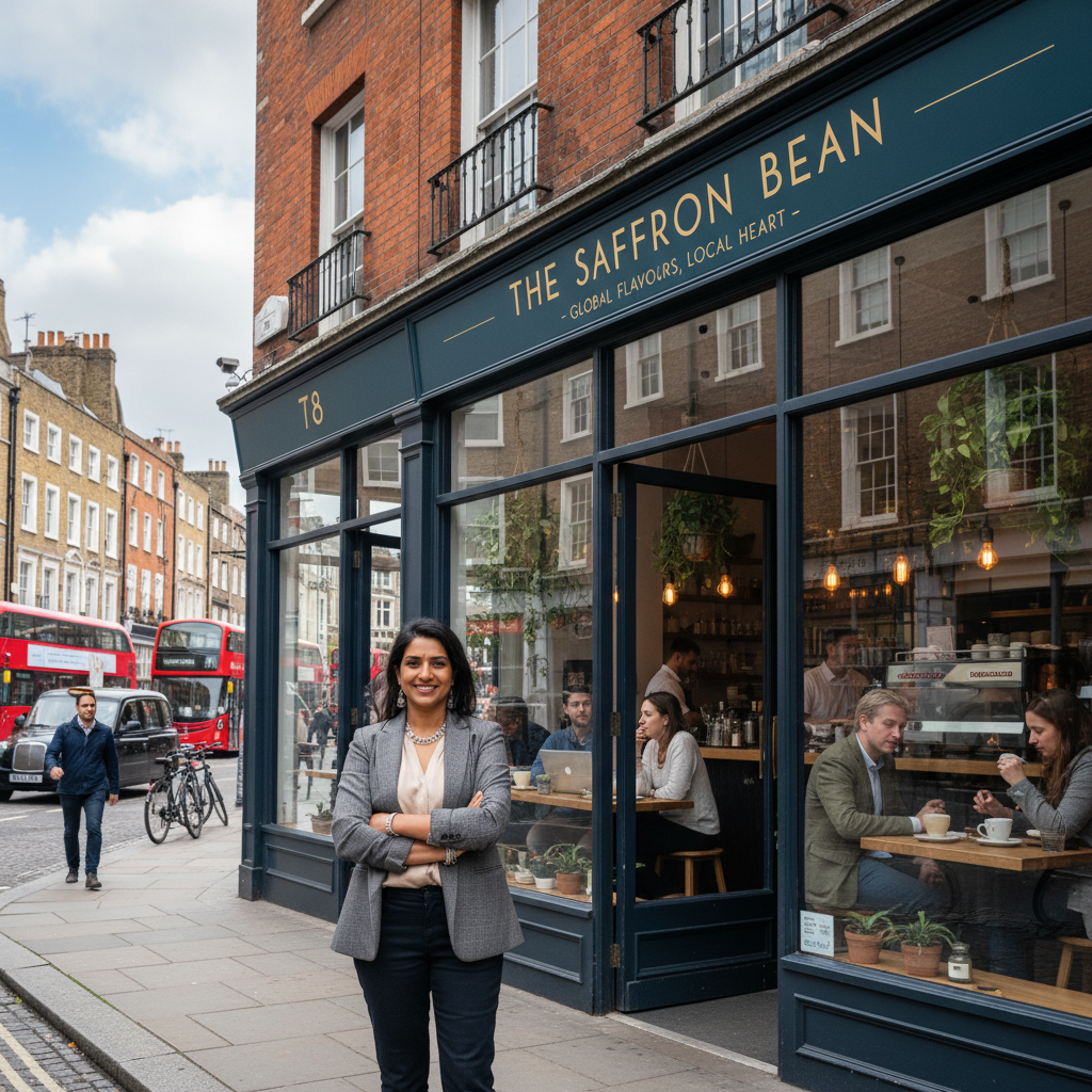 A confident female expat entrepreneur of Indian descent standing proudly in front of her successful boutique coffee shop in a bustling London street, with customers enjoying coffee inside, showcasing a blend of traditional UK architecture and modern business vibrancy