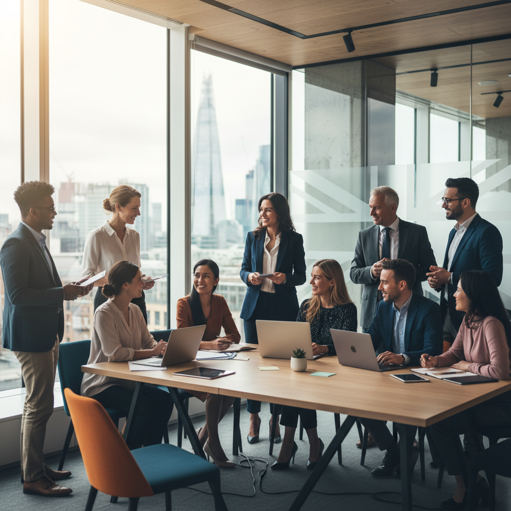 A diverse group of professionals from various backgrounds networking and collaborating in a modern, bright office setting in London, UK, with a subtle Union Jack in the background, conveying a sense of opportunity and diversity.