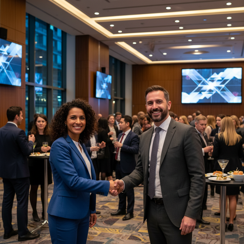 A professional expat smiling and shaking hands with a UK-based business contact at a lively networking event in a modern conference hall, with blurred background of other attendees engaging in conversation.