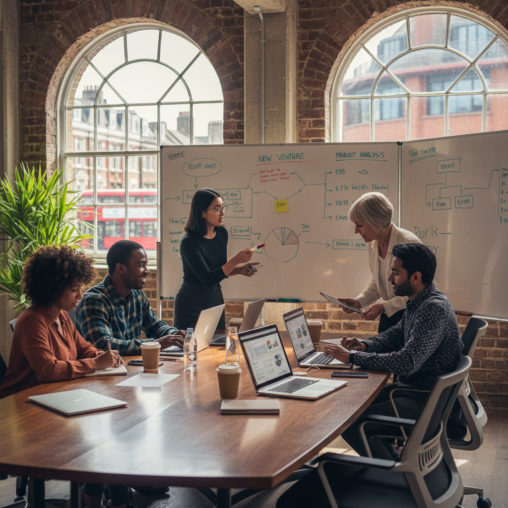 A diverse group of entrepreneurs brainstorming ideas around a large table in a modern, sunlit co-working space in London, UK. They are looking at laptops and whiteboards with business plans and market research data. Photorealistic, vibrant colors.
