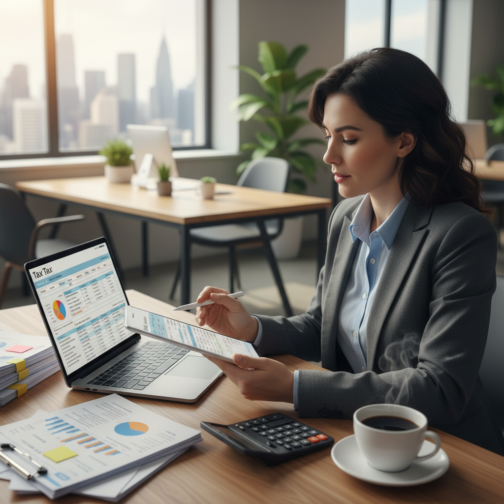 A business professional sitting at a desk, reviewing financial documents and tax forms on a tablet and laptop, with a calculator and a cup of coffee nearby. The background is a clean, contemporary office setting. Photorealistic, focused, clear details.