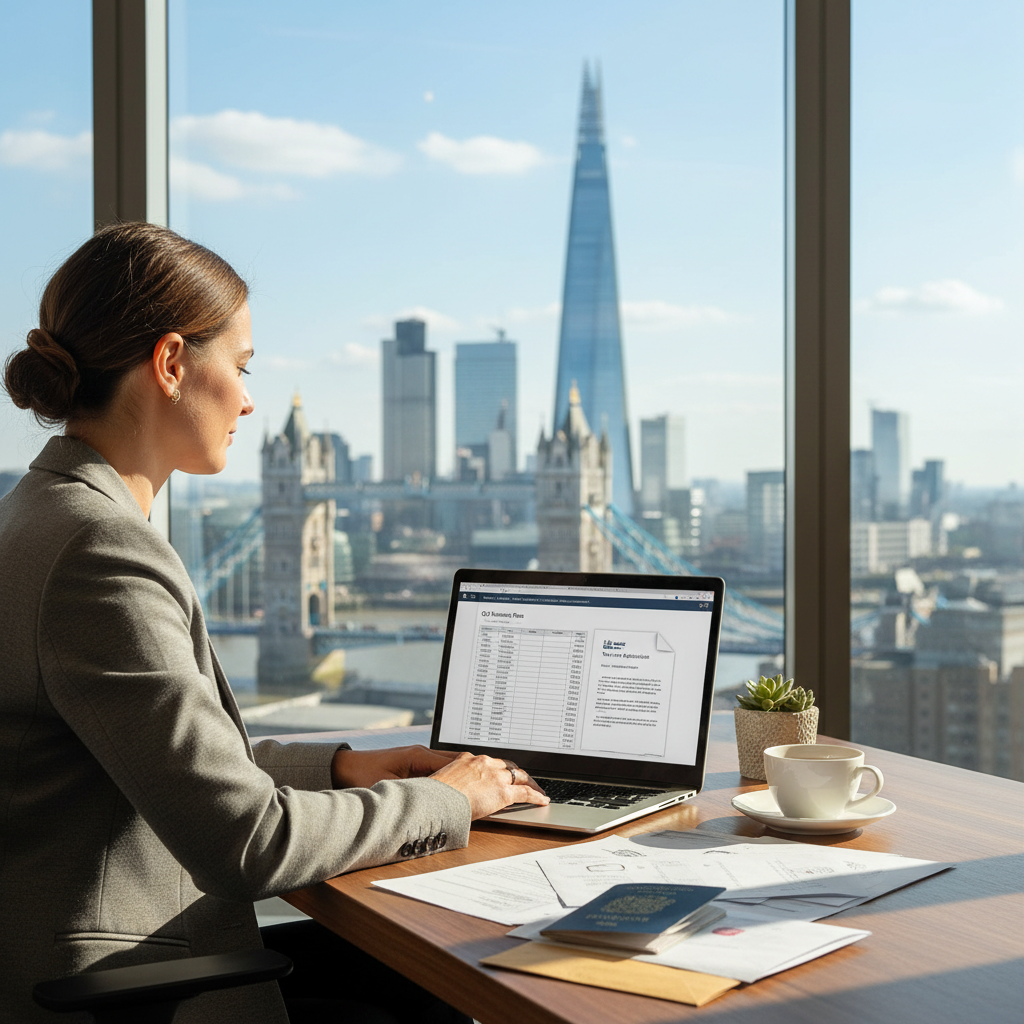 A professional expat sits at a desk in a modern London office, reviewing visa documents and business plans on a laptop, with a blurred backdrop of iconic London landmarks like the Shard and Tower Bridge visible through a window. The scene is bright and optimistic.