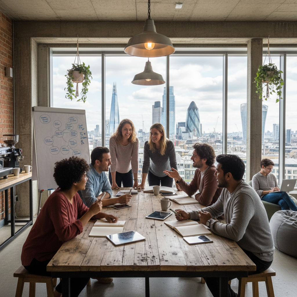 A diverse group of entrepreneurs in a modern co-working space in London, brainstorming ideas, with city skyline visible through large windows. The atmosphere is collaborative and energetic.