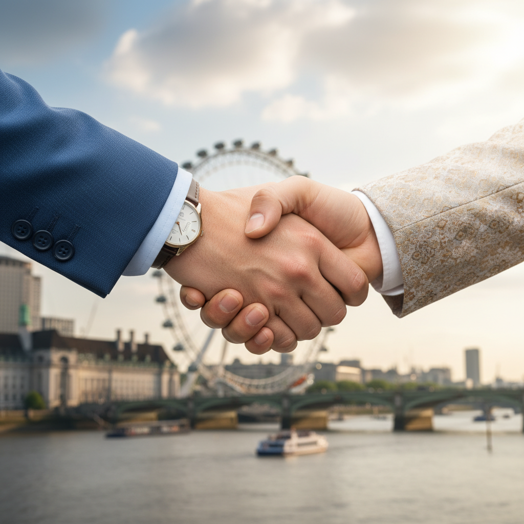 A close-up shot of a handshake between two business people, one appearing to be an expat and the other a local, against a blurred backdrop of the London Eye and the River Thames, symbolizing partnership and success in the UK.