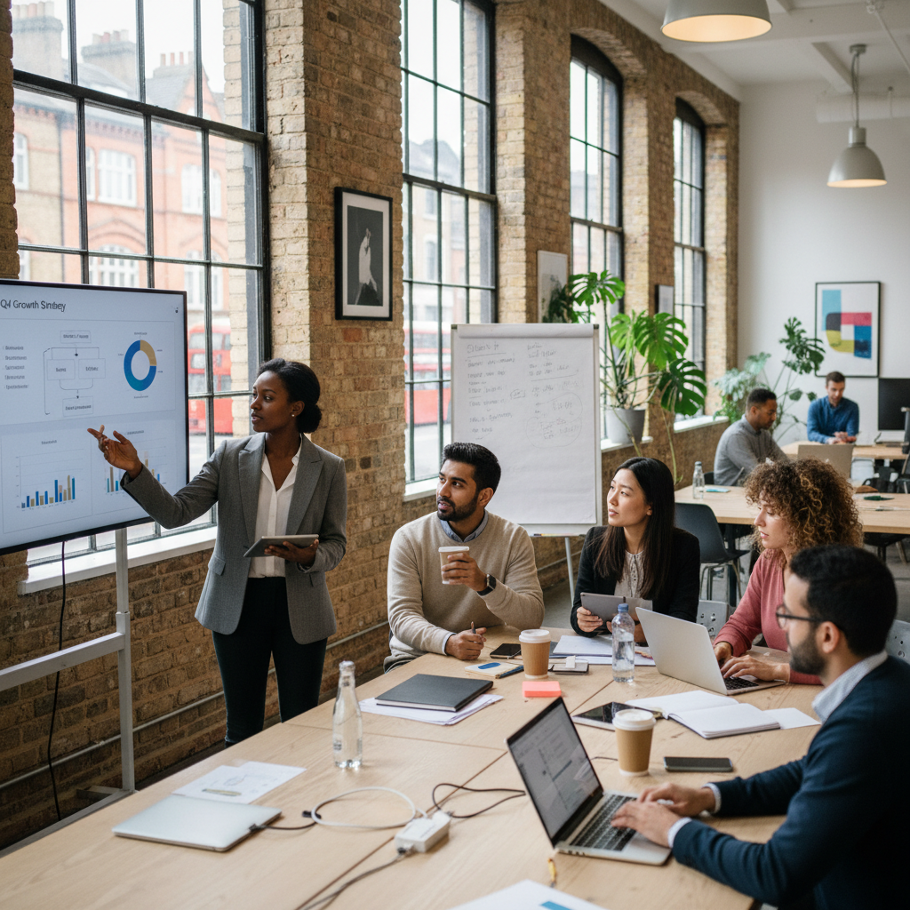 A diverse group of expat entrepreneurs in a modern, brightly lit co-working space in London, collaborating and discussing business plans, with laptops and whiteboards visible. Realistic and professional atmosphere.
