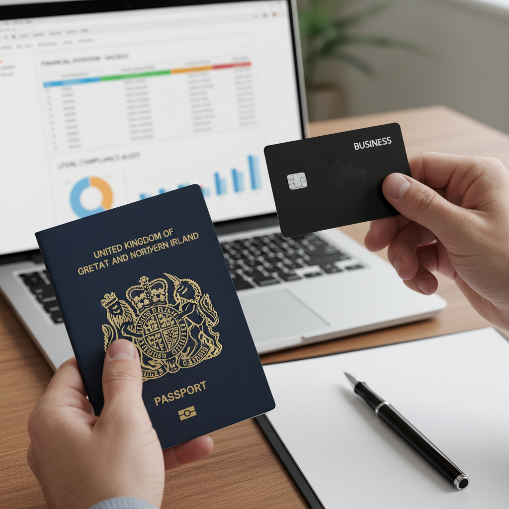A close-up shot of an expat's hands holding a British passport and a business bank card, with a laptop displaying financial reports and a pen on a desk in the background, symbolizing financial setup and legal compliance.